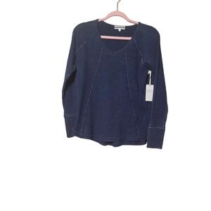 PJ Savage Navy Waffle Knit Long Sleeve Top Small Cozy Quiet Luxuary Loungewear